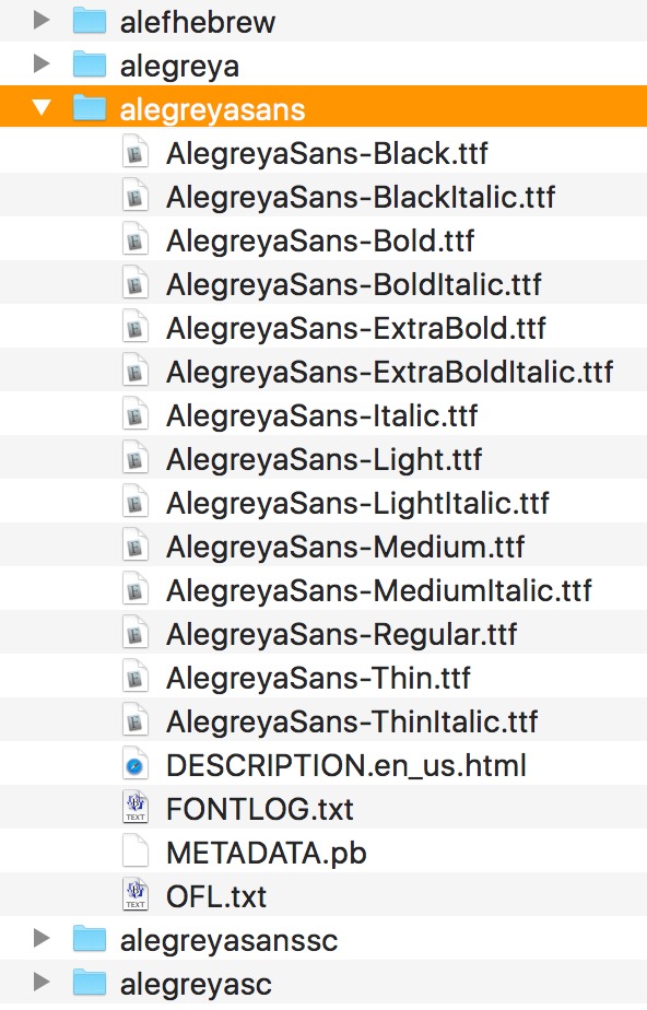 A large number of fonts provided by the Alegreya Sans typeface