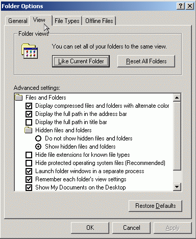 View tab in Folder Options in Windows ME/2000/XP