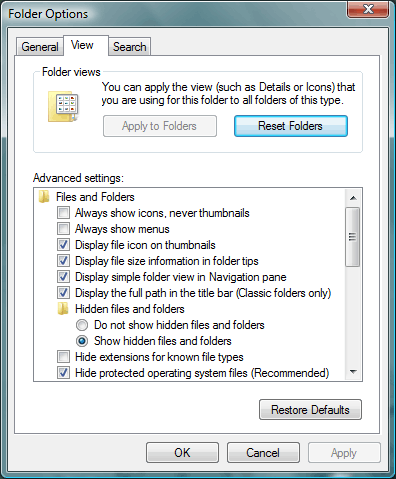 View tab in Folder Options in Windows Vista or 7